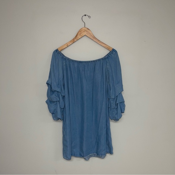 Zara Denim Dress Size Medium Blue Tiered Puff Sleeves Mini Off-The-Shoulder Jean - Picture 6 of 9